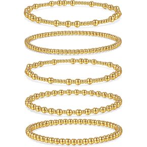 Badu Gold Bracelets for Women no tarnish Gold plated Stackable Beaded Ball Bracelet Stretch Elastic Hypoallergenic Trendy Gold Jewelry for Women（16.5cm）