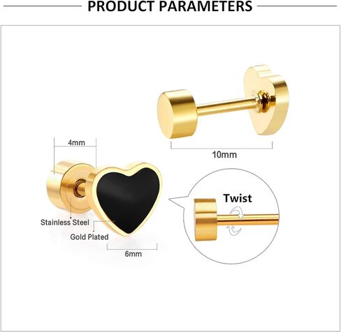 18G Black Enamel Heart Love Screw Back Small Stud Earrings Teens Girls Minimalist Surgical Steel Cartilage Tragus Piercing Sleeper Studs Hypoallergenic for Women in Kuwait