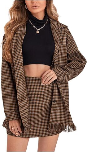 Floerns Women's Plaid Fringe Hem Long Sleeve Jackets High Waist Skirts Two Piece Outfit in Saudi Arabia