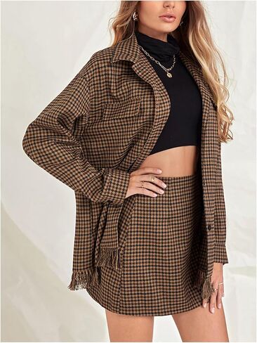 Floerns Women's Plaid Fringe Hem Long Sleeve Jackets High Waist Skirts Two Piece Outfit in Saudi Arabia