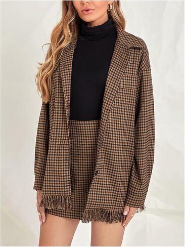 Floerns Women's Plaid Fringe Hem Long Sleeve Jackets High Waist Skirts Two Piece Outfit in Saudi Arabia
