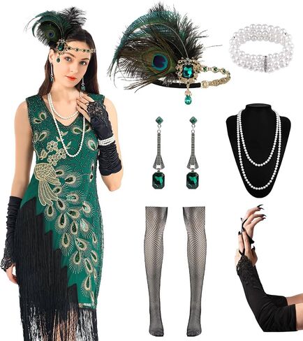 Women's Flapper Dresses 1920s Sequin Fringe Beaded Cocktail V Neck Dress Roaring 20s Accessories Vintage Headband in Saudi Arabia