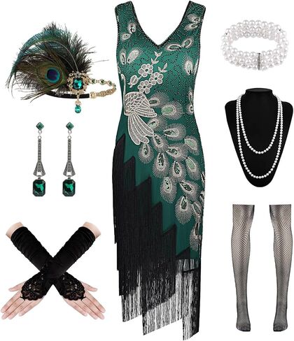 Women's Flapper Dresses 1920s Sequin Fringe Beaded Cocktail V Neck Dress Roaring 20s Accessories Vintage Headband in Saudi Arabia
