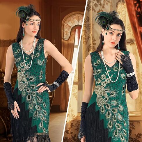 Women's Flapper Dresses 1920s Sequin Fringe Beaded Cocktail V Neck Dress Roaring 20s Accessories Vintage Headband in Saudi Arabia