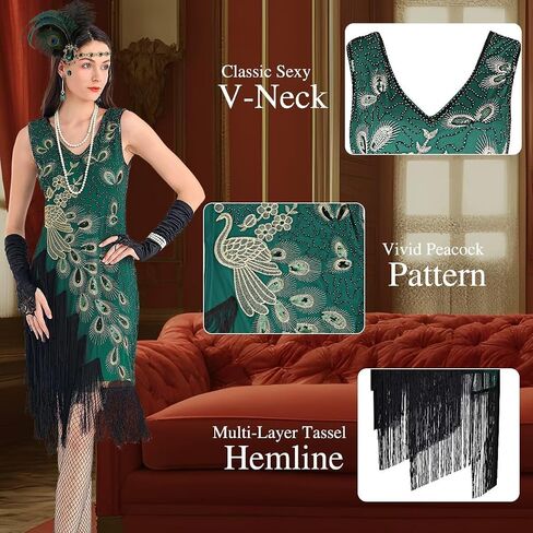 Women's Flapper Dresses 1920s Sequin Fringe Beaded Cocktail V Neck Dress Roaring 20s Accessories Vintage Headband in Saudi Arabia