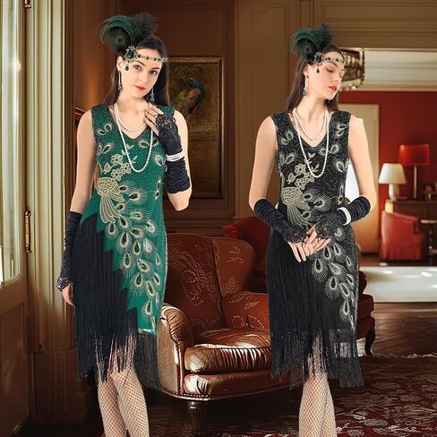 Women's Flapper Dresses 1920s Sequin Fringe Beaded Cocktail V Neck Dress Roaring 20s Accessories Vintage Headband in Saudi Arabia