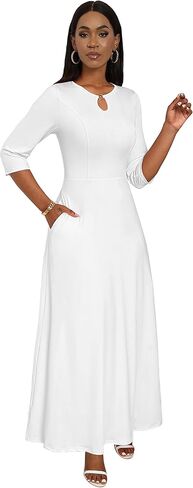 FANDEE Women's Maxi Dress Casual Boho Plain Long Dresses 3/4 Sleeve with Pockets in Kuwait