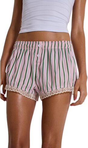 Y2K Boxer Shorts Women Striped Gingham Lounge Pajama Low Elastic Waist Sleep Lace Trim Micro Short Pj Mini Pants in Kuwait