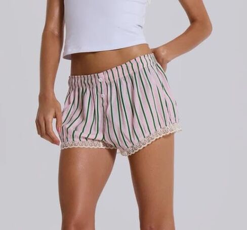 Y2K Boxer Shorts Women Striped Gingham Lounge Pajama Low Elastic Waist Sleep Lace Trim Micro Short Pj Mini Pants in Kuwait