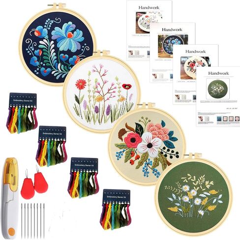 SYQISFPA 4 Sets Embroidery Kit for Beginners,Flower Cross Stitch Kits for Adults with 2Pcs Water Soluble Stabilizer for Embroidery,Pattern Instructions,Embroidery Floss + Needles + Hoop,Sewing Hobby in Saudi Arabia