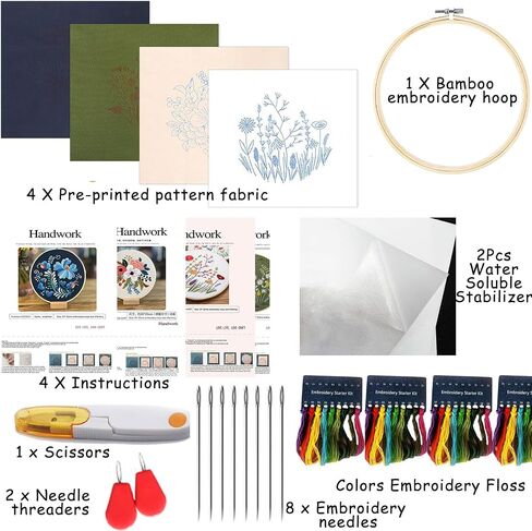 SYQISFPA 4 Sets Embroidery Kit for Beginners,Flower Cross Stitch Kits for Adults with 2Pcs Water Soluble Stabilizer for Embroidery,Pattern Instructions,Embroidery Floss + Needles + Hoop,Sewing Hobby in Saudi Arabia