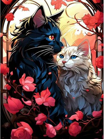 QENSPE Diamond Art Painting Kits for Adults,Romantic Couple Cats Full Drill Diamond Dots Paintings for Beginners,Round 5D DIY Arts and Crafts Gem Art Painting Kits 12x16inch in Kuwait