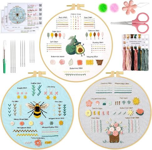 UXORSN 3 Sets Embroidery kit for Beginners Adults Cross Stitch Starter Kits Learn 28 Different Basic Stitches Practice Kit Including Fabric with Stamped Pattern Threads Needles Hoop Video Tutorials in Saudi Arabia
