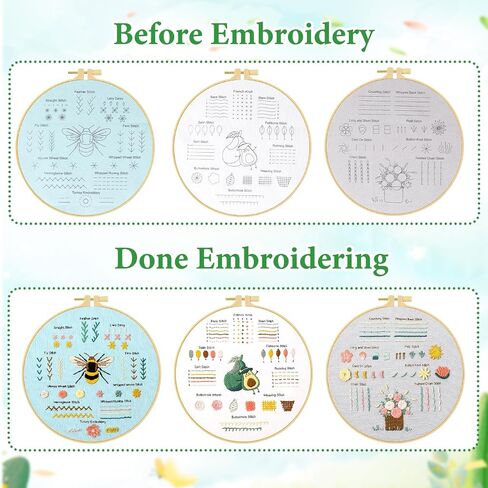 UXORSN 3 Sets Embroidery kit for Beginners Adults Cross Stitch Starter Kits Learn 28 Different Basic Stitches Practice Kit Including Fabric with Stamped Pattern Threads Needles Hoop Video Tutorials in Saudi Arabia