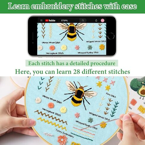 UXORSN 3 Sets Embroidery kit for Beginners Adults Cross Stitch Starter Kits Learn 28 Different Basic Stitches Practice Kit Including Fabric with Stamped Pattern Threads Needles Hoop Video Tutorials in Saudi Arabia