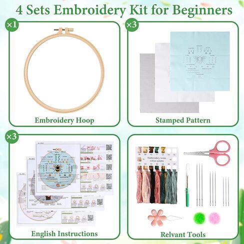 UXORSN 3 Sets Embroidery kit for Beginners Adults Cross Stitch Starter Kits Learn 28 Different Basic Stitches Practice Kit Including Fabric with Stamped Pattern Threads Needles Hoop Video Tutorials in Saudi Arabia