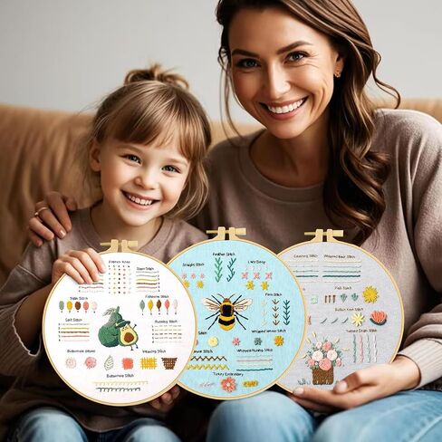 UXORSN 3 Sets Embroidery kit for Beginners Adults Cross Stitch Starter Kits Learn 28 Different Basic Stitches Practice Kit Including Fabric with Stamped Pattern Threads Needles Hoop Video Tutorials in Saudi Arabia