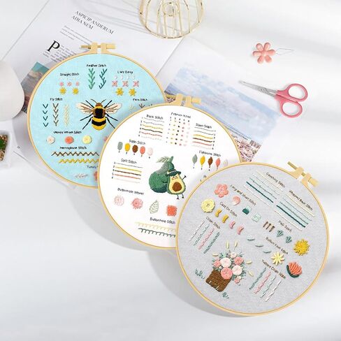 UXORSN 3 Sets Embroidery kit for Beginners Adults Cross Stitch Starter Kits Learn 28 Different Basic Stitches Practice Kit Including Fabric with Stamped Pattern Threads Needles Hoop Video Tutorials in Saudi Arabia