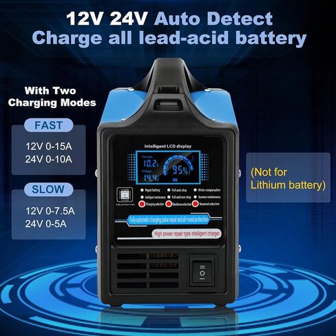 شاحن بطارية السيارة 12 فولت 24 فولت، صيانة بطارية السيارة شديدة التحمل 0-15 أمبير، مع أوضاع شحن سريعة ومتقطعة، إيقاف تلقائي، لسيارة شاحنة RV دراجة نارية AGM دورة عميقة in Kuwait