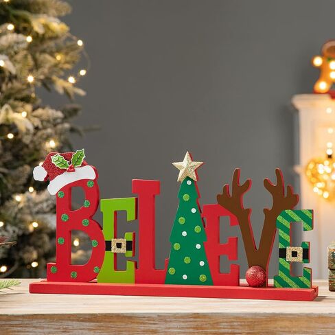 Glitzhome Joy Christmas Centerpiece Table Decorations 11.42 Inches Wooden Joy Decorative Display Sign on Table or Fireplace Christmas Table Decor Rustic Xmas Desk Decoration for Home and Kitchen in Kuwait