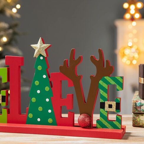 Glitzhome Joy Christmas Centerpiece Table Decorations 11.42 Inches Wooden Joy Decorative Display Sign on Table or Fireplace Christmas Table Decor Rustic Xmas Desk Decoration for Home and Kitchen in Kuwait