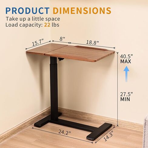 طاولة جانبية للسرير قابلة للتعديل بارتفاع قابل للتعديل مع عجلات مخفية، لوح إمالة هوائي منفصل وعربة مكتب للكمبيوتر المحمول، متنقلة فوق السرير وأريكة وكرسي وطاولة جانبية، خشب الجوز in Kuwait