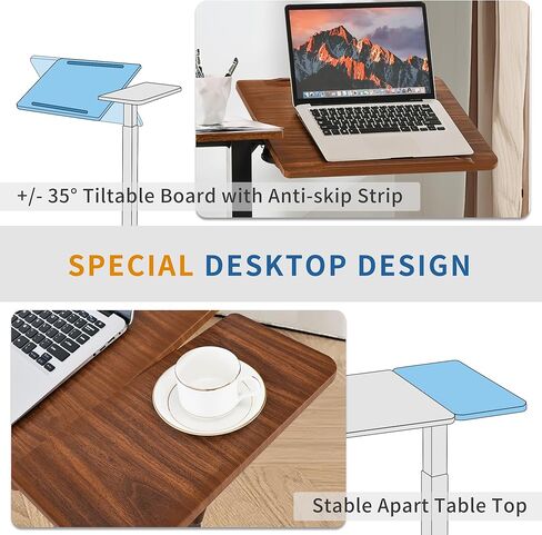 طاولة جانبية للسرير قابلة للتعديل بارتفاع قابل للتعديل مع عجلات مخفية، لوح إمالة هوائي منفصل وعربة مكتب للكمبيوتر المحمول، متنقلة فوق السرير وأريكة وكرسي وطاولة جانبية، خشب الجوز in Kuwait