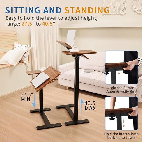 طاولة جانبية للسرير قابلة للتعديل بارتفاع قابل للتعديل مع عجلات مخفية، لوح إمالة هوائي منفصل وعربة مكتب للكمبيوتر المحمول، متنقلة فوق السرير وأريكة وكرسي وطاولة جانبية، خشب الجوز in Kuwait