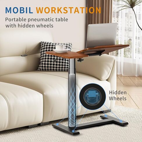 طاولة جانبية للسرير قابلة للتعديل بارتفاع قابل للتعديل مع عجلات مخفية، لوح إمالة هوائي منفصل وعربة مكتب للكمبيوتر المحمول، متنقلة فوق السرير وأريكة وكرسي وطاولة جانبية، خشب الجوز in Kuwait