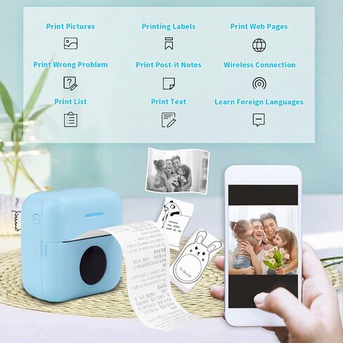 HuiJuKeJi Mini Sticker Printer Bluetooth Smart Pocket Inkless Thermal Printer with 10 Rolls Thermal Paper and Sticker for iOS&Android, Portable Receipt Printer for Photo Journal Notes Memo in Kuwait