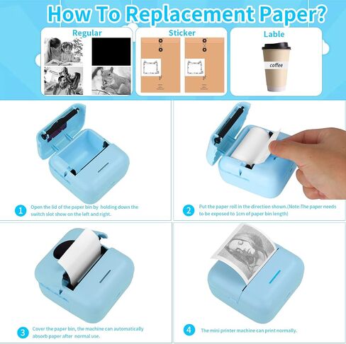 HuiJuKeJi Mini Sticker Printer Bluetooth Smart Pocket Inkless Thermal Printer with 10 Rolls Thermal Paper and Sticker for iOS&Android, Portable Receipt Printer for Photo Journal Notes Memo in Kuwait