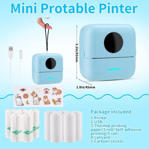 HuiJuKeJi Mini Sticker Printer Bluetooth Smart Pocket Inkless Thermal Printer with 10 Rolls Thermal Paper and Sticker for iOS&Android, Portable Receipt Printer for Photo Journal Notes Memo in Kuwait