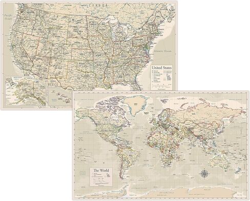 Laminated World Map & US Map Poster Set - 18" x 29" - Wall Chart Maps of the World & United States - Made in the USA - Updated for 2021 (LAMINATED, 18" x 29") in Kuwait