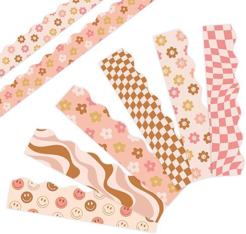 Whaline 82Ft Boho Bulletin Board Borders Retro Groovy 70s Decoration Borders Vintage Smile Daisy Plaid Trim Border Boho Bulletin Board Stickers for School Classroom Office Party Decoration in Saudi Arabia