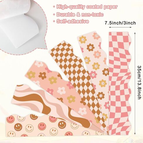 Whaline 82Ft Boho Bulletin Board Borders Retro Groovy 70s Decoration Borders Vintage Smile Daisy Plaid Trim Border Boho Bulletin Board Stickers for School Classroom Office Party Decoration in Saudi Arabia