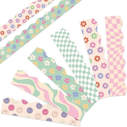 Whaline 82Ft Boho Bulletin Board Borders Retro Groovy 70s Decoration Borders Vintage Smile Daisy Plaid Trim Border Boho Bulletin Board Stickers for School Classroom Office Party Decoration in Saudi Arabia