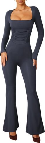 Lrady Jumpsuits for Women Long Sleeve Square Neck Sexy Backless Wide Leg Full Length Flare Slim Romper Playsuit in Saudi Arabia