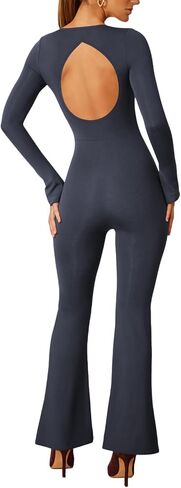 Lrady Jumpsuits for Women Long Sleeve Square Neck Sexy Backless Wide Leg Full Length Flare Slim Romper Playsuit in Saudi Arabia
