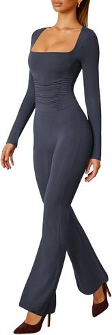 Lrady Jumpsuits for Women Long Sleeve Square Neck Sexy Backless Wide Leg Full Length Flare Slim Romper Playsuit in Saudi Arabia