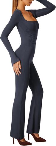 Lrady Jumpsuits for Women Long Sleeve Square Neck Sexy Backless Wide Leg Full Length Flare Slim Romper Playsuit in Saudi Arabia