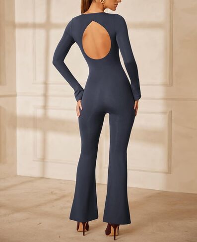Lrady Jumpsuits for Women Long Sleeve Square Neck Sexy Backless Wide Leg Full Length Flare Slim Romper Playsuit in Saudi Arabia