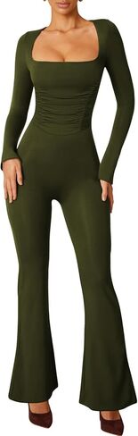 Lrady Jumpsuits for Women Long Sleeve Square Neck Sexy Backless Wide Leg Full Length Flare Slim Romper Playsuit in Saudi Arabia