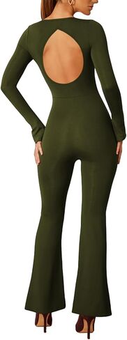 Lrady Jumpsuits for Women Long Sleeve Square Neck Sexy Backless Wide Leg Full Length Flare Slim Romper Playsuit in Saudi Arabia