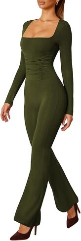 Lrady Jumpsuits for Women Long Sleeve Square Neck Sexy Backless Wide Leg Full Length Flare Slim Romper Playsuit in Saudi Arabia