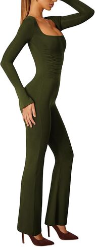 Lrady Jumpsuits for Women Long Sleeve Square Neck Sexy Backless Wide Leg Full Length Flare Slim Romper Playsuit in Saudi Arabia