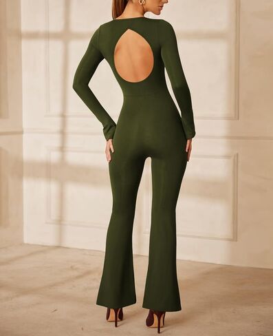 Lrady Jumpsuits for Women Long Sleeve Square Neck Sexy Backless Wide Leg Full Length Flare Slim Romper Playsuit in Saudi Arabia