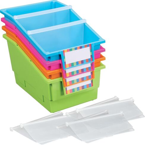 Really Good Stuff Large Plastic Book Organizer Bins, Dividers, Built-in Label Holder, 13.5" by 13.5" by 7.75" (Set of 4, Primary Colors) - For Picture Books, Large Reference Books in Classroom or Home in Saudi Arabia