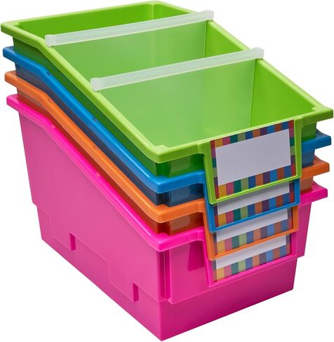 Really Good Stuff Large Plastic Book Organizer Bins, Dividers, Built-in Label Holder, 13.5" by 13.5" by 7.75" (Set of 4, Primary Colors) - For Picture Books, Large Reference Books in Classroom or Home in Saudi Arabia