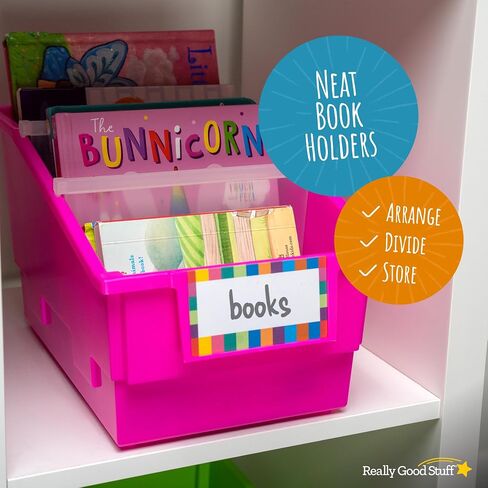 Really Good Stuff Large Plastic Book Organizer Bins, Dividers, Built-in Label Holder, 13.5" by 13.5" by 7.75" (Set of 4, Primary Colors) - For Picture Books, Large Reference Books in Classroom or Home in Saudi Arabia