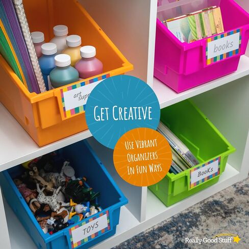Really Good Stuff Large Plastic Book Organizer Bins, Dividers, Built-in Label Holder, 13.5" by 13.5" by 7.75" (Set of 4, Primary Colors) - For Picture Books, Large Reference Books in Classroom or Home in Saudi Arabia